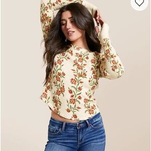 Free People Floral Long Sleeve Top - Cream and Red